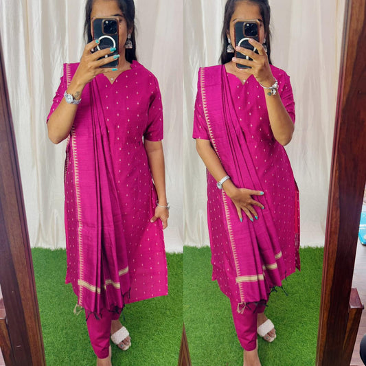 Premium Raw Silk Salwar Set-(Top,Bottom,Duppatta)- Feeding Dark Pink FC0270
