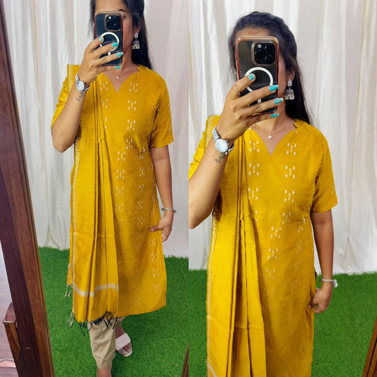 Premium Raw Silk Salwar Set-(Top,Bottom,Duppatta)- Feeding Yellow FC0271