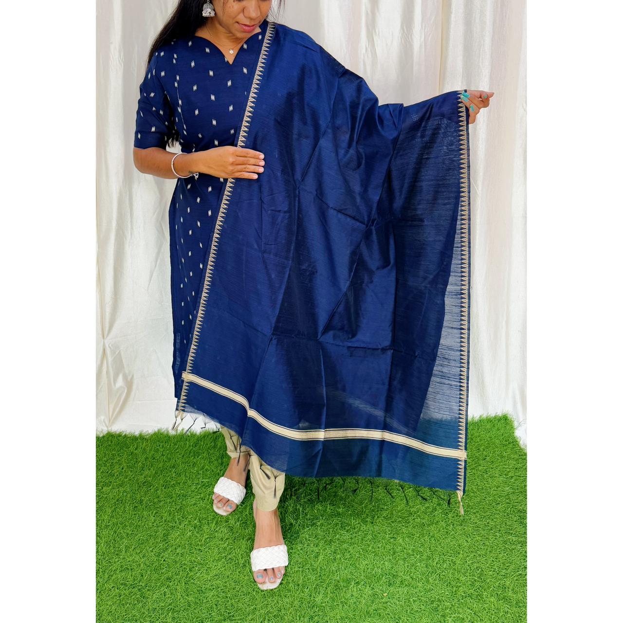 Premium Raw Silk Salwar Set-(Top,Bottom,Duppatta)- Feeding-Navy FC0273