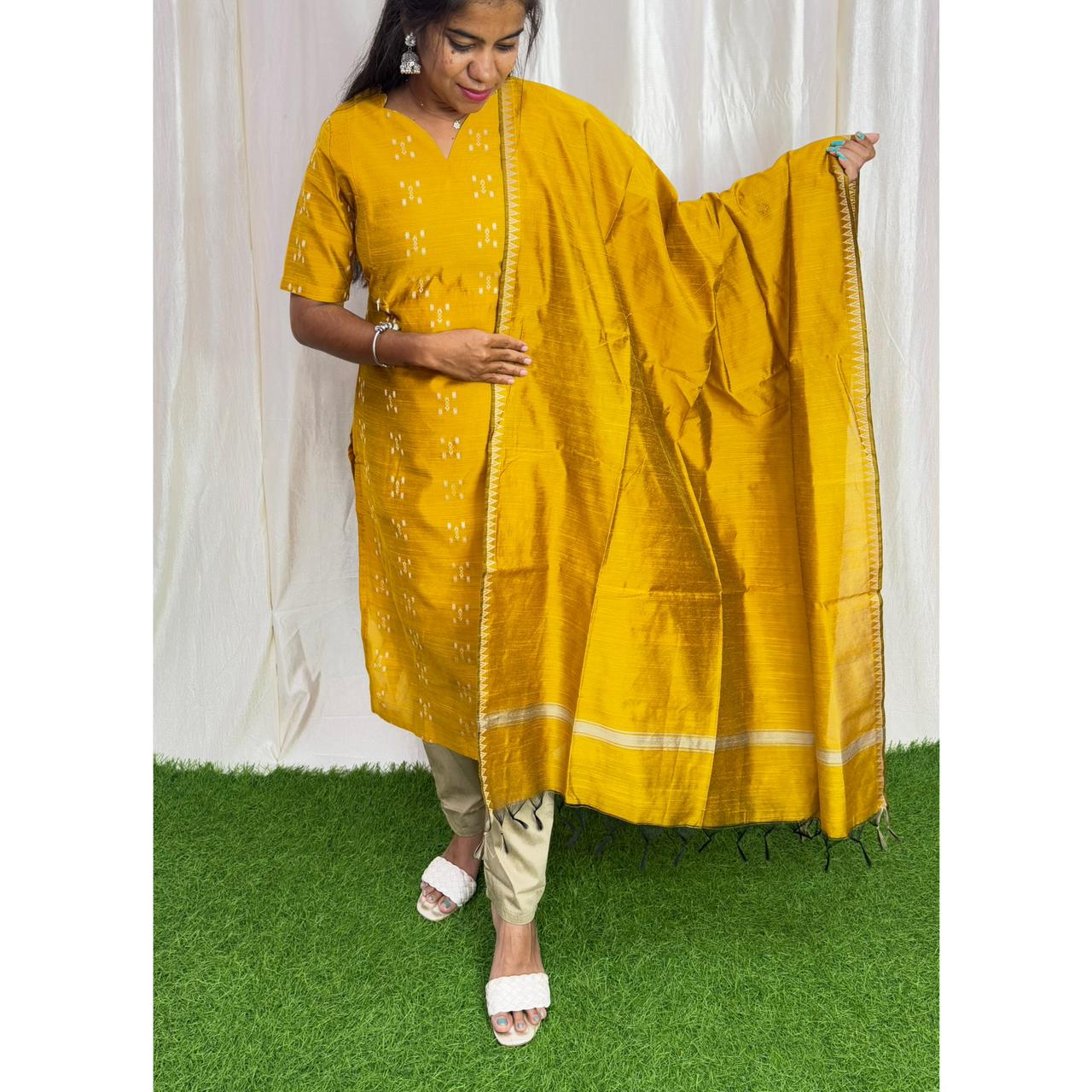 Premium Raw Silk Printed Salwar Set-(Top,Bottom,Duppatta)- Feeding/Non Feeding Yellow