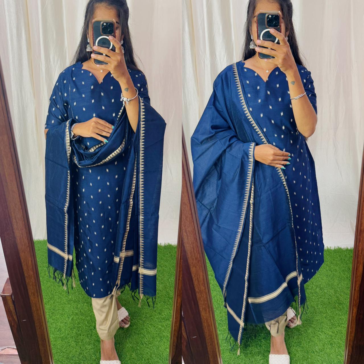 Premium Raw Silk Printed Salwar Set-(Top,Bottom,Duppatta)- Feeding/Non Feeding Navy