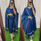 Premium Raw Silk Printed Salwar Set-(Top,Bottom,Duppatta)- Feeding/Non Feeding Navy