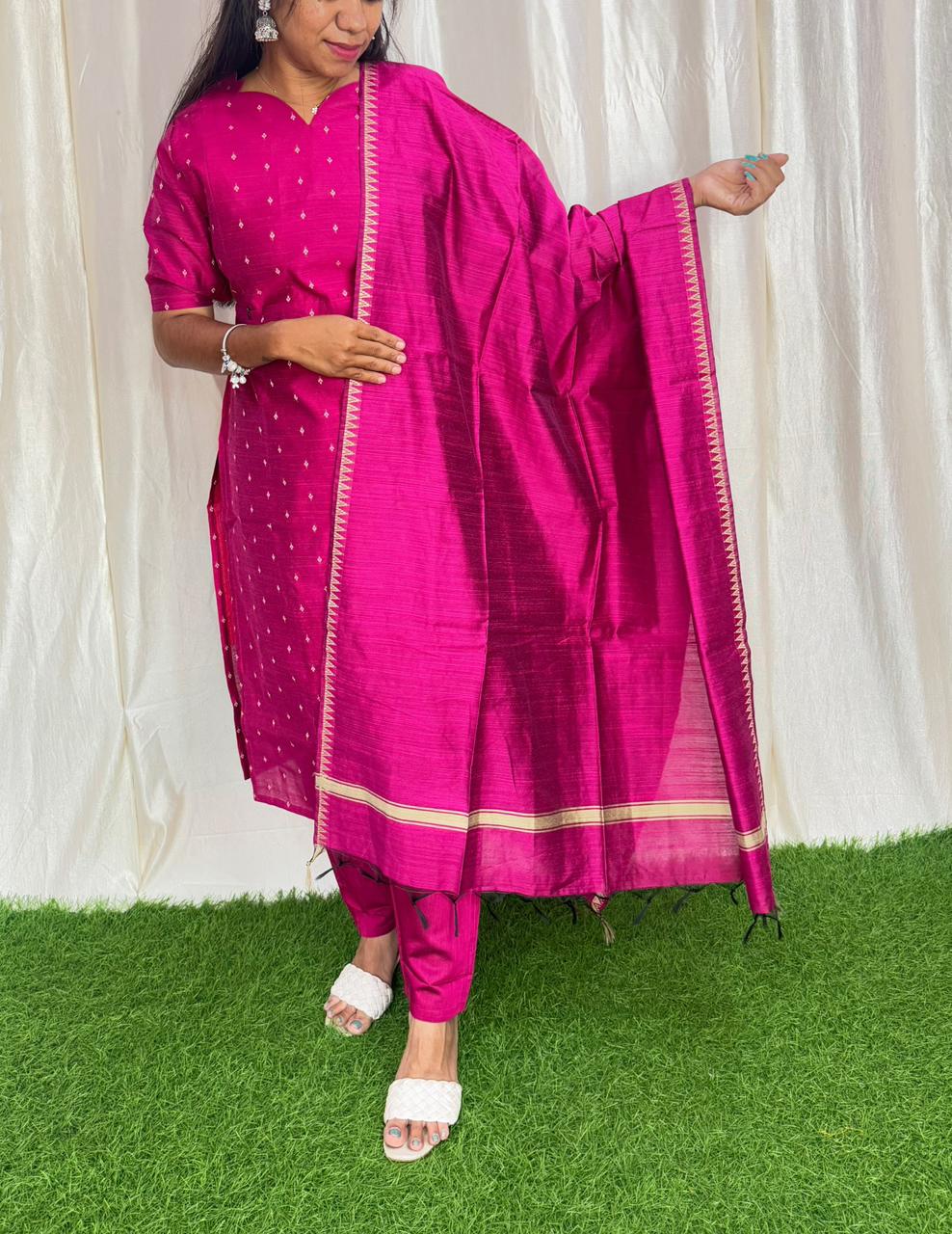 Premium Raw Silk Printed Salwar Set-(Top,Bottom,Duppatta)- Feeding/Non Feeding  Dark Pink