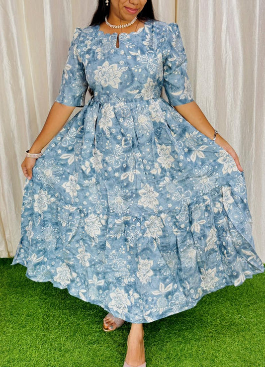 Ice Blue-Feeding/Non feeding- Vatican Fabric 2-tier Maxi with Chest lining(Light weight)