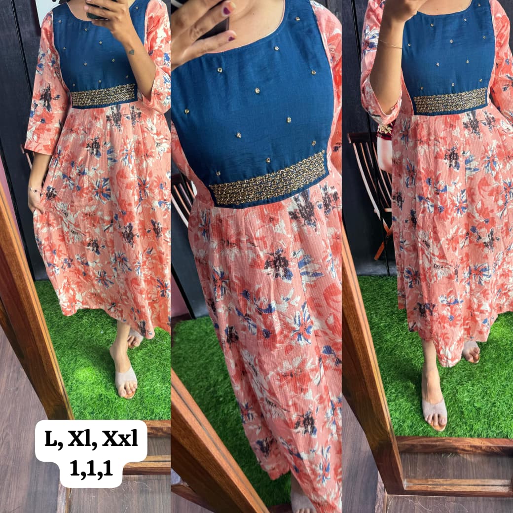 Cotton Printed Handwork Kurti with Lining ( Non Feeding only)-023