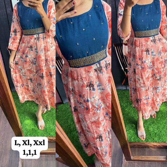 Cotton Printed Handwork Kurti with Lining ( Non Feeding only)-023