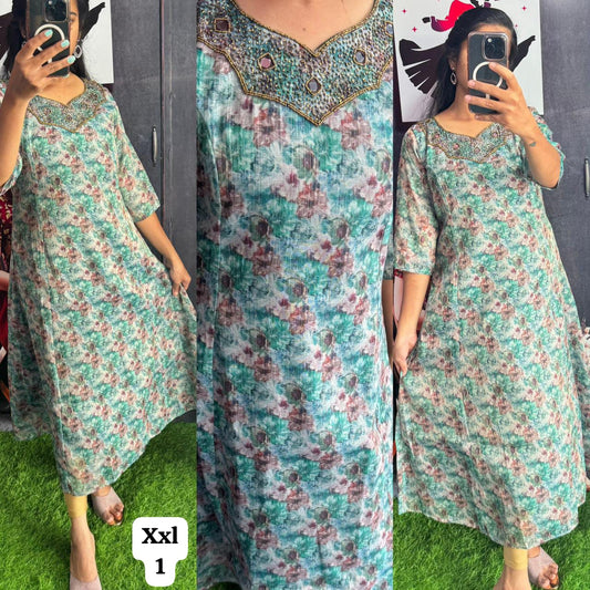 Handwork Tissue Kurti with Lining ( Non Feeding only)-016