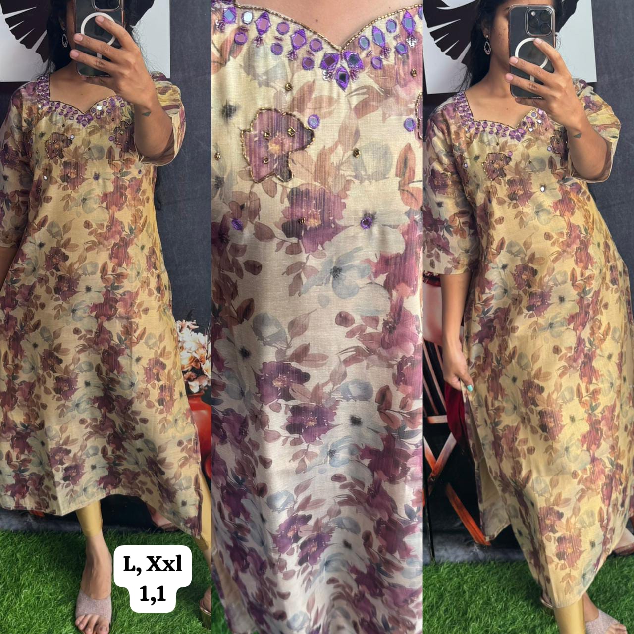 Buy 1 Get 1 Free Handwork Tissue Kurti with Lining ( Non Feeding only)-015