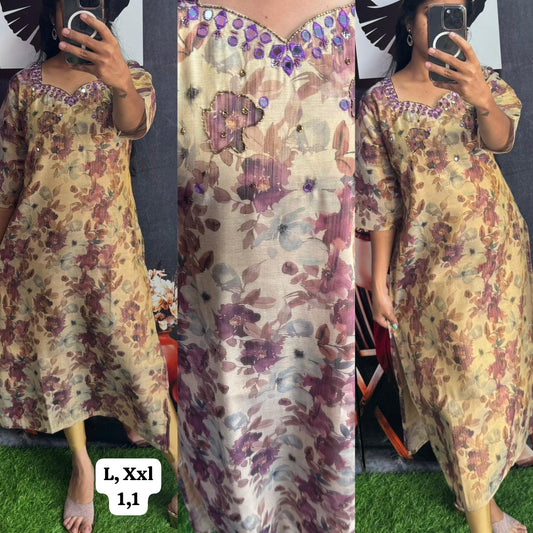 Handwork Tissue Kurti with Lining ( Non Feeding only)-015