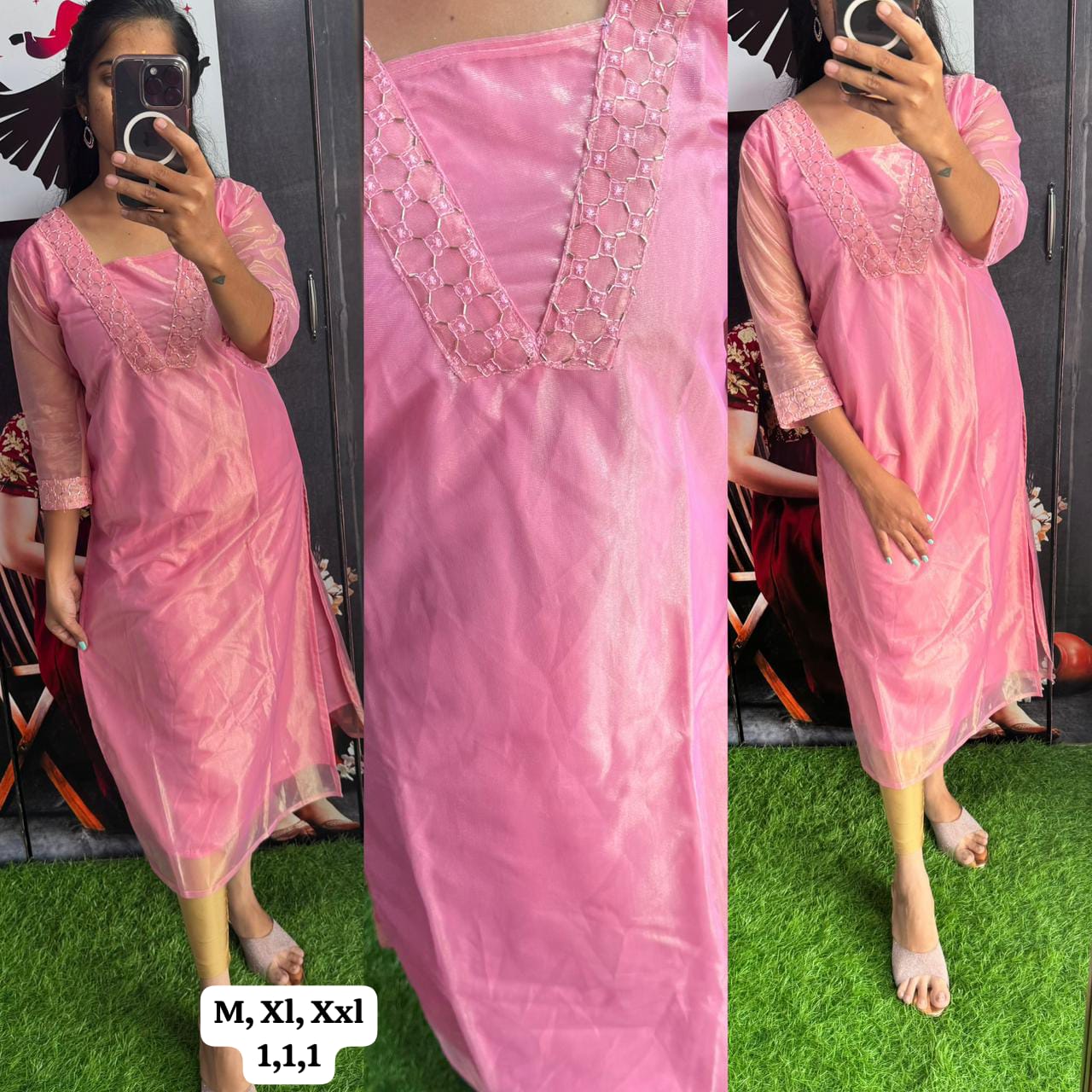 Handwork Tissue Kurti with Lining ( Non Feeding only)-020