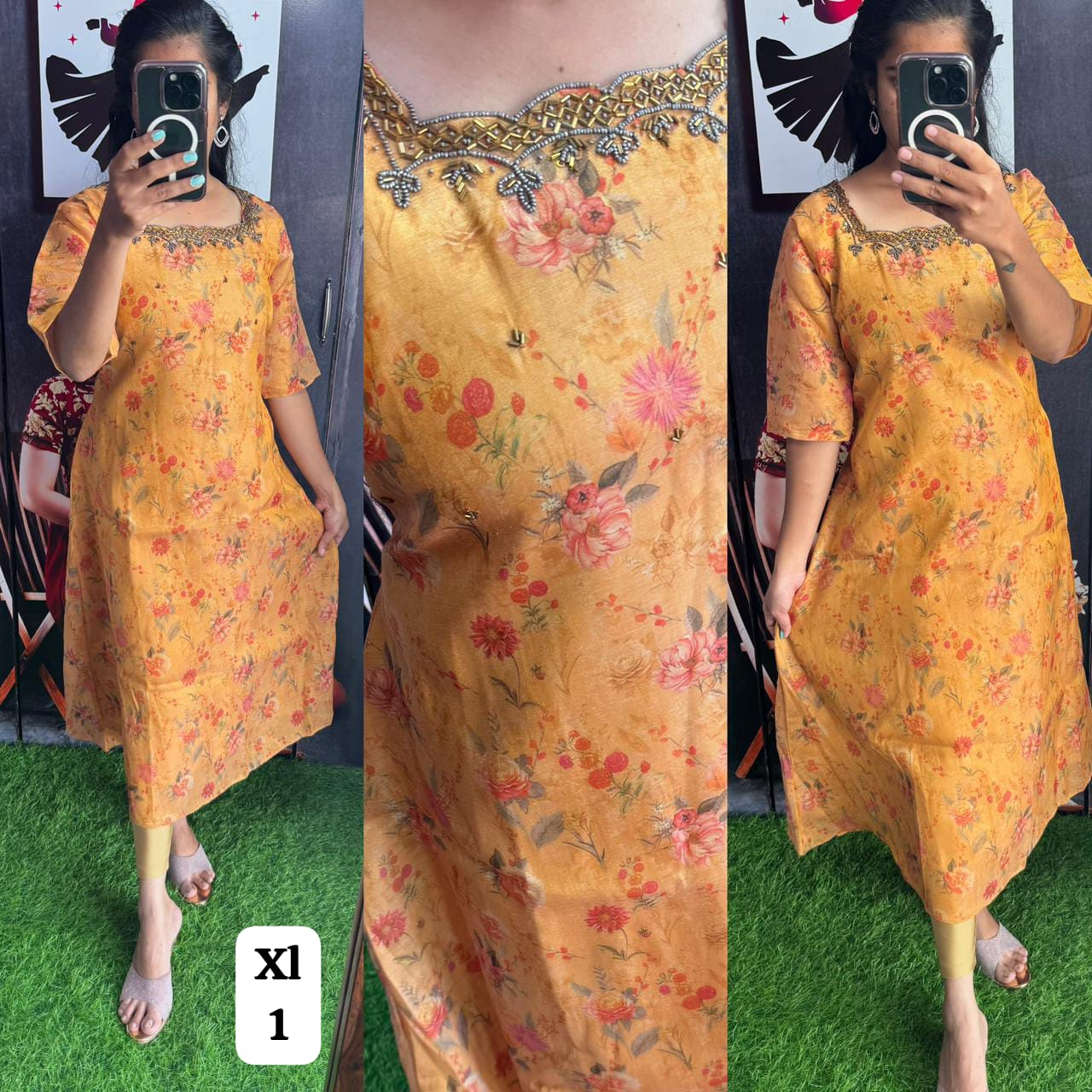 Handwork Tissue Kurti with Lining ( Non Feeding only)-014