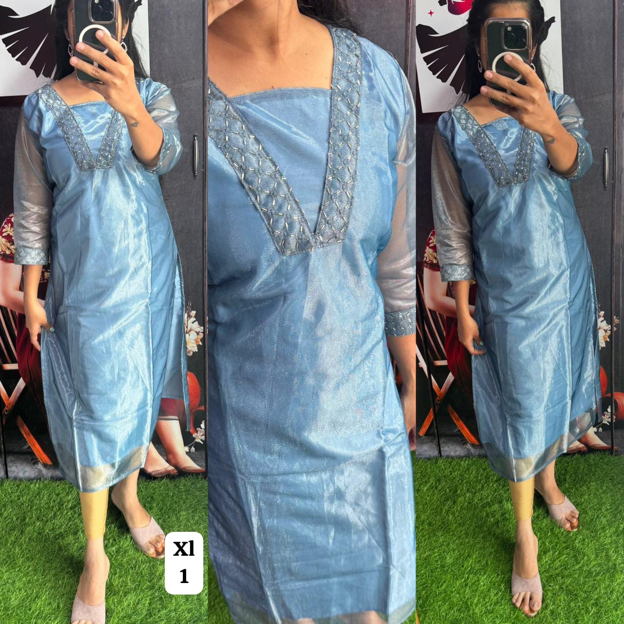 Handwork Tissue Kurti with Lining ( Non Feeding only)-019