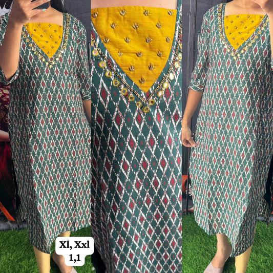 Buy 1 Get 1 Free Cotton Handwork Kurti with Lining ( Non Feeding only)-027