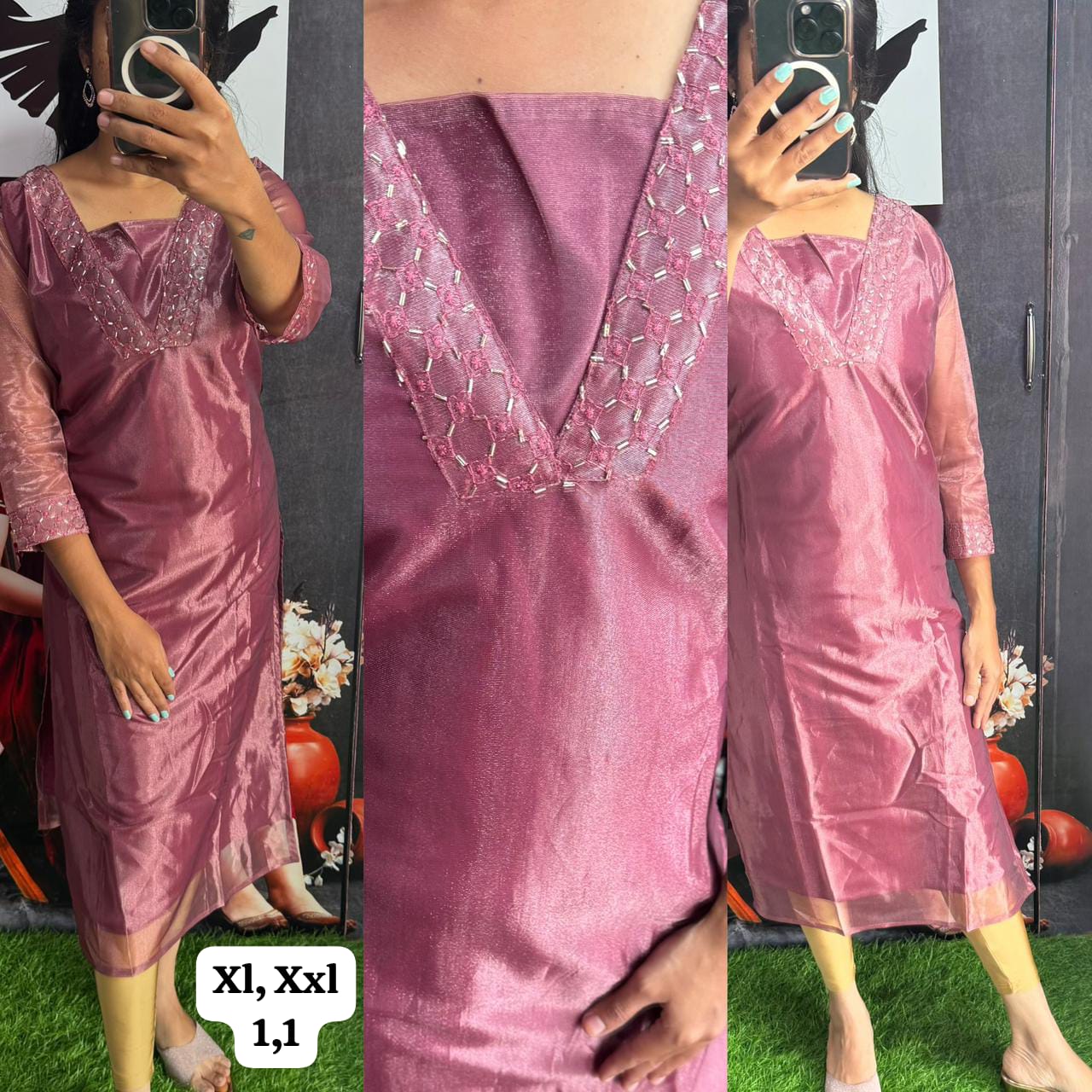 Handwork Tissue Kurti with Lining ( Non Feeding only)-018