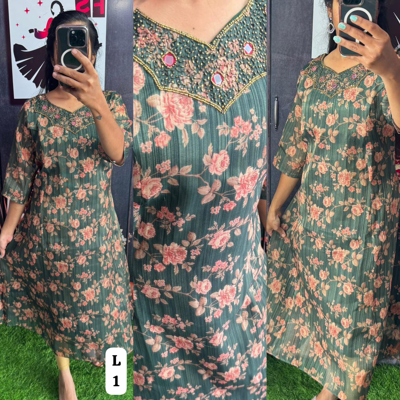 Handwork Tissue Kurti with Lining ( Non Feeding only)-006