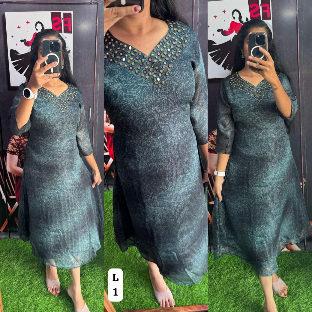 Mirror work Shimmer Georgette Dress with Lining ( Non Feeding only)-002