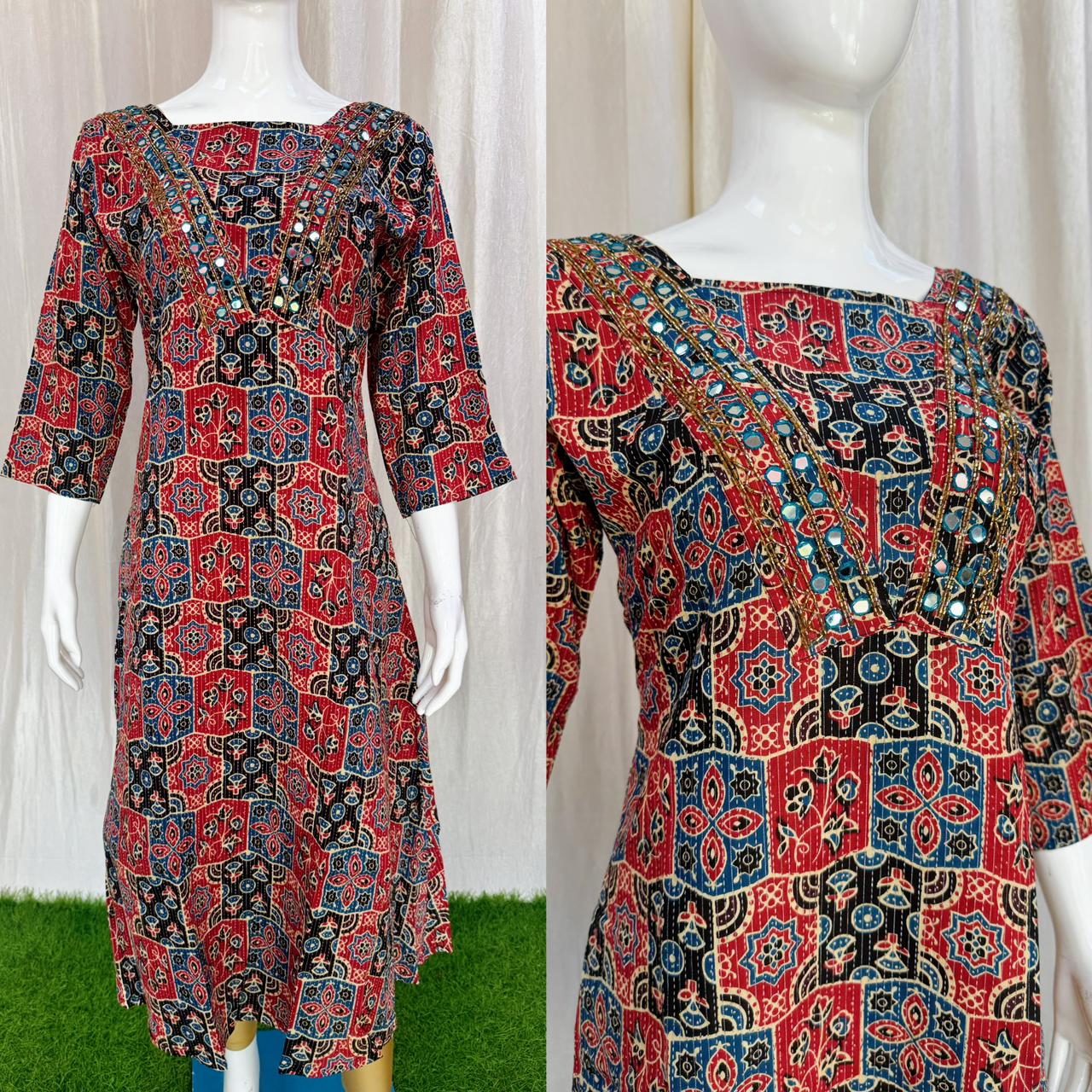 Kantha Cotton Handwork Kurti with Lining ( Non Feeding only)-33
