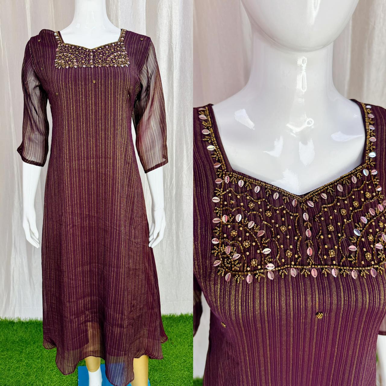 Handwork Georgette Dress with Lining ( Non Feeding only)-035