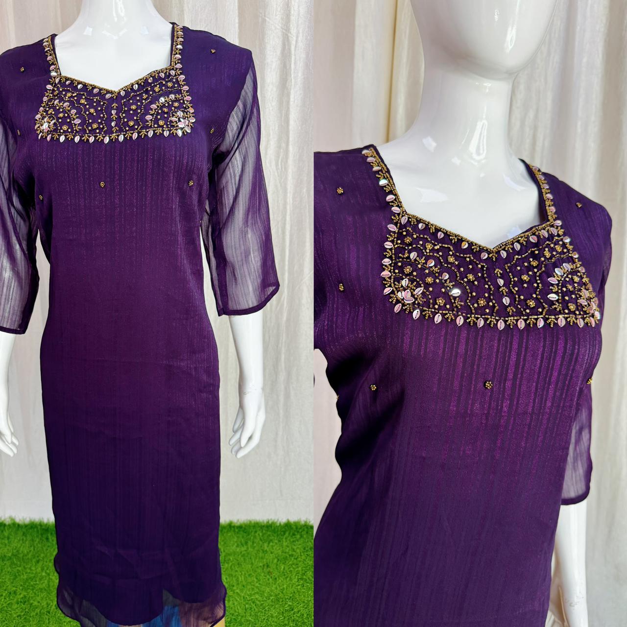 Handwork Georgette Dress with Lining ( Non Feeding only)-036