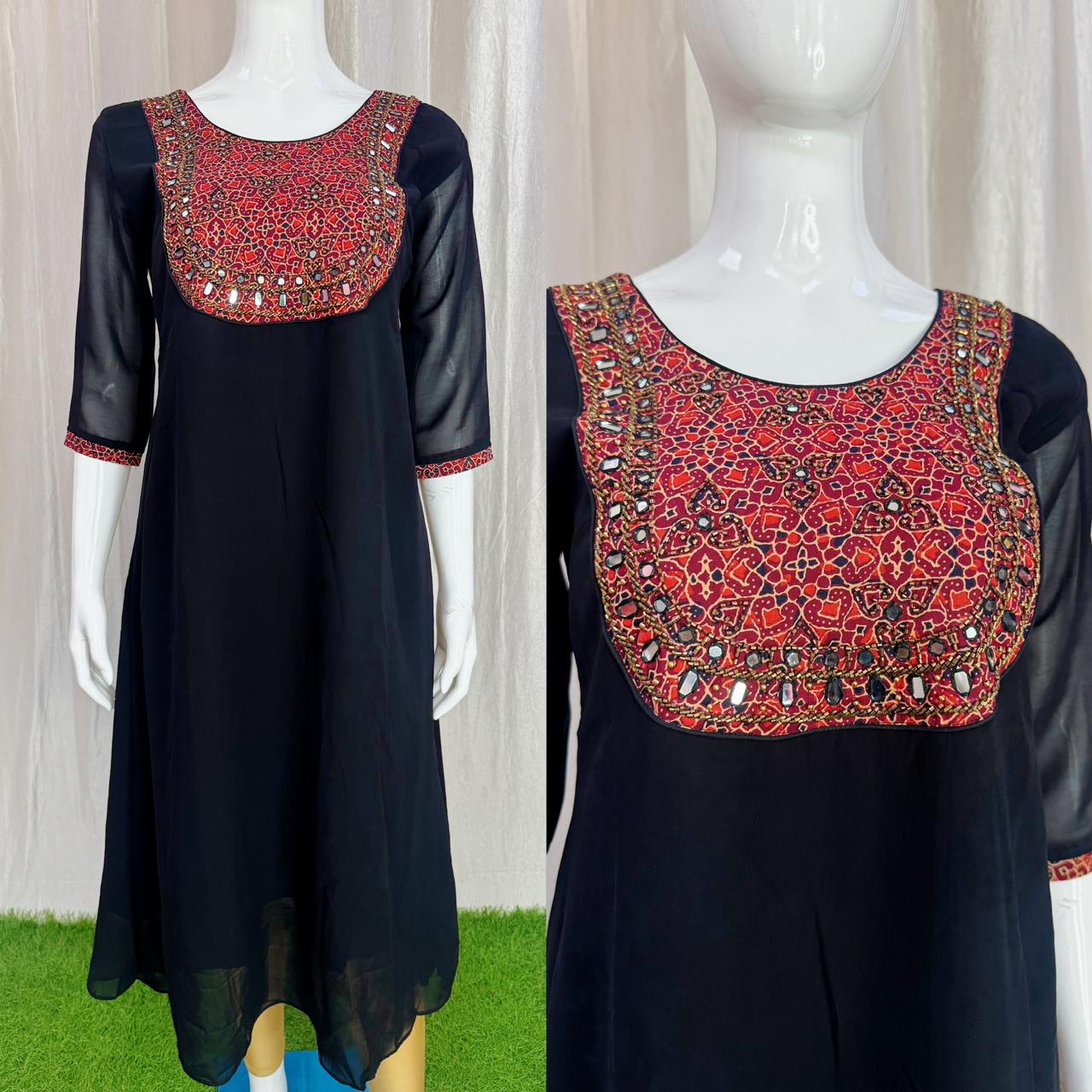 Handwork Georgette Dress with Lining ( Non Feeding only)-034