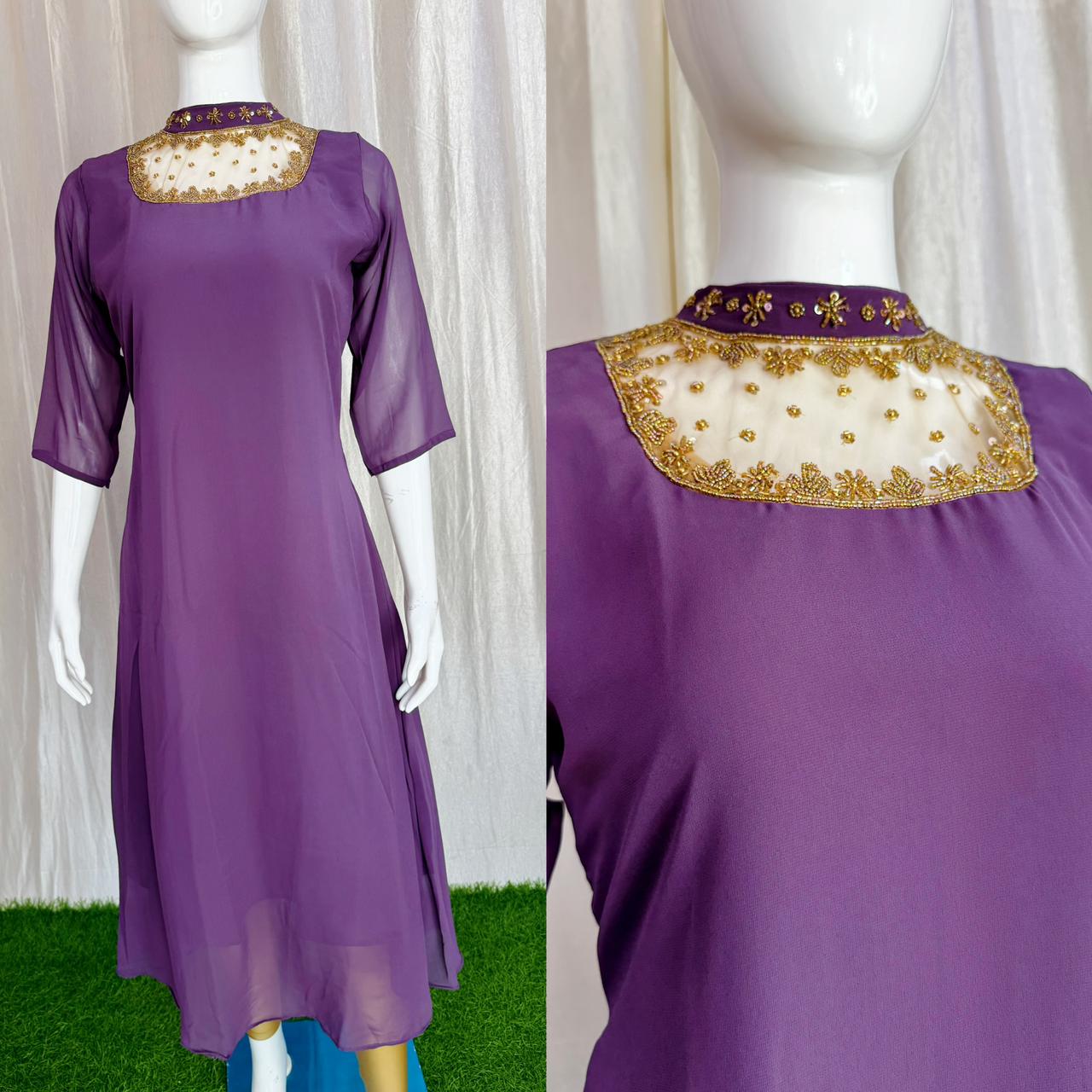 Jewel neck  Handwork Kurti with Lining ( Non Feeding only)-042