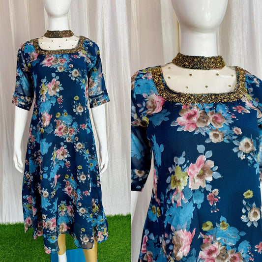 Jewel neck  Handwork Kurti with Lining ( Non Feeding only)-041