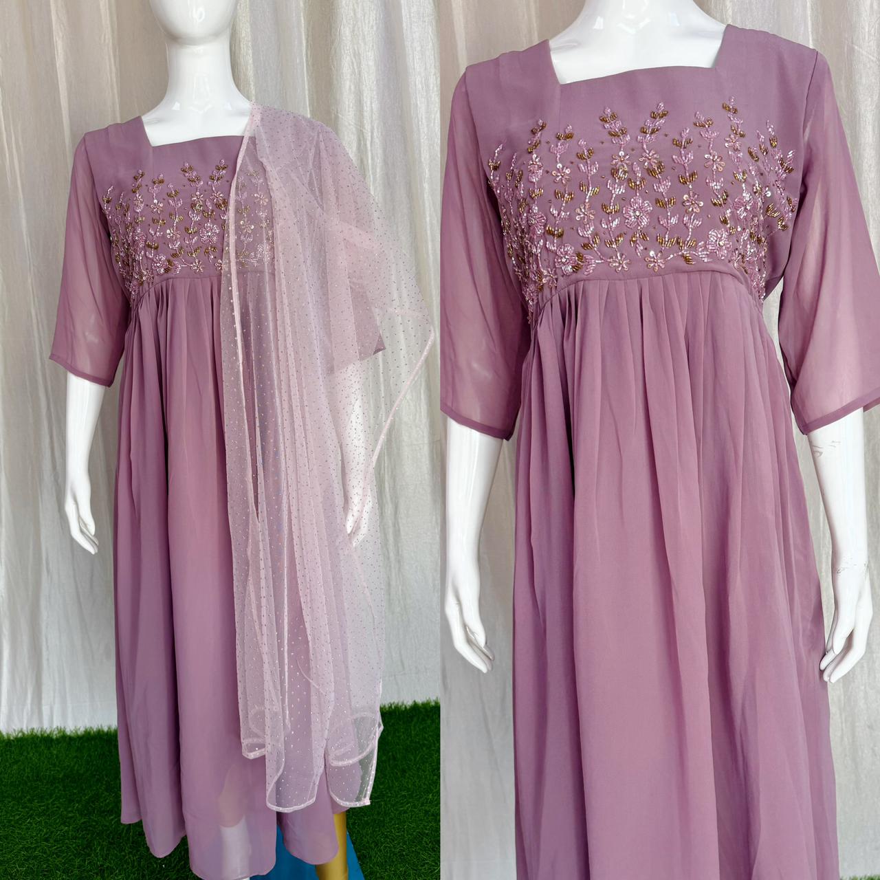 Handwork Georgette Dress with Net Duppata (with Lining) ( Non Feeding only)-039