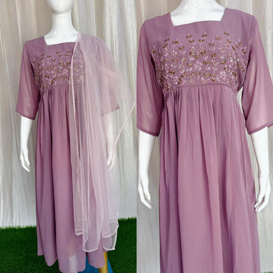 Handwork Georgette Dress with Net Duppata (with Lining) ( Non Feeding only)-039