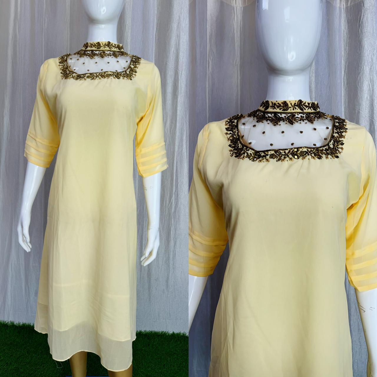 Jewel neck  Handwork Kurti with Lining ( Non Feeding only)-046
