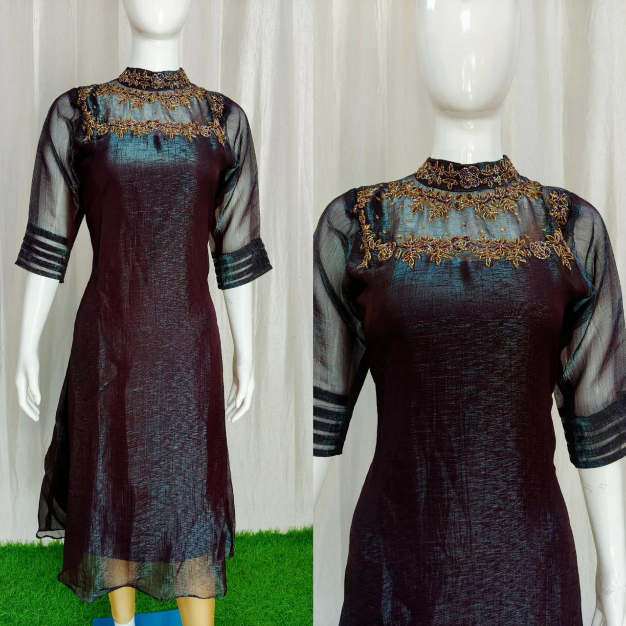 Jewel neck  Handwork Kurti with Lining ( Non Feeding only)-025