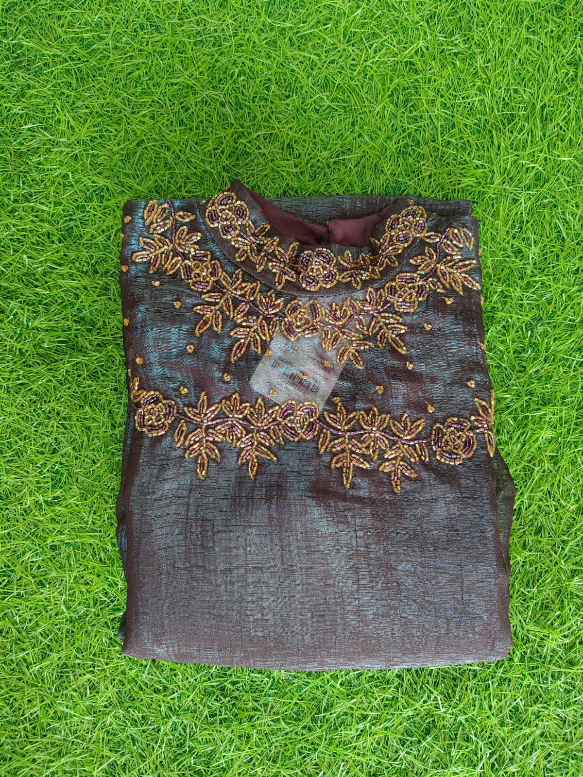 Jewel neck  Handwork Kurti with Lining ( Non Feeding only)-025