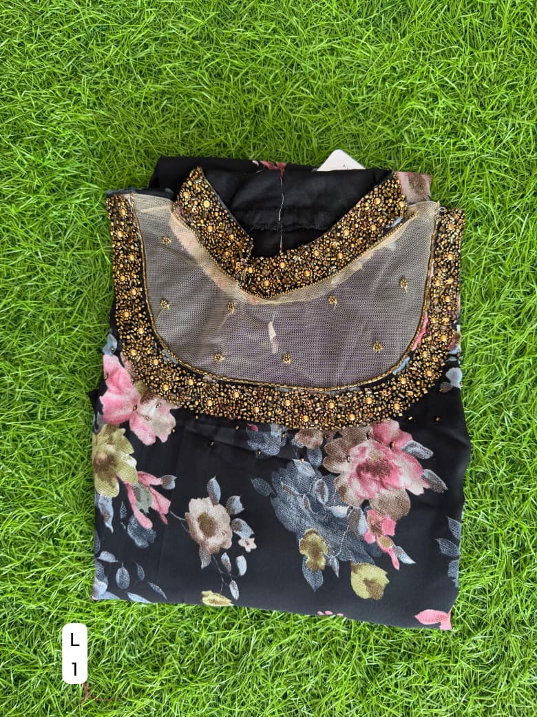 Jewel neck  Handwork Kurti with Lining ( Non Feeding only)-045