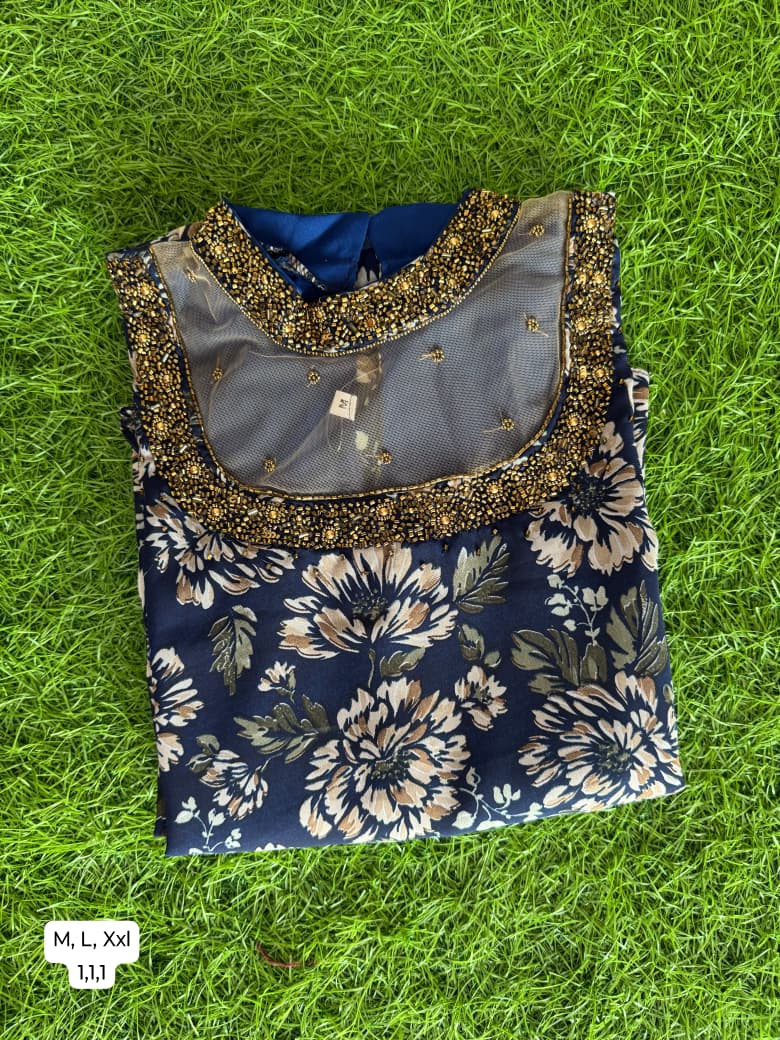 Jewel neck  Handwork Kurti with Lining ( Non Feeding only)-044