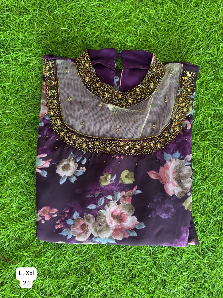 Jewel neck  Handwork Kurti with Lining ( Non Feeding only)-043