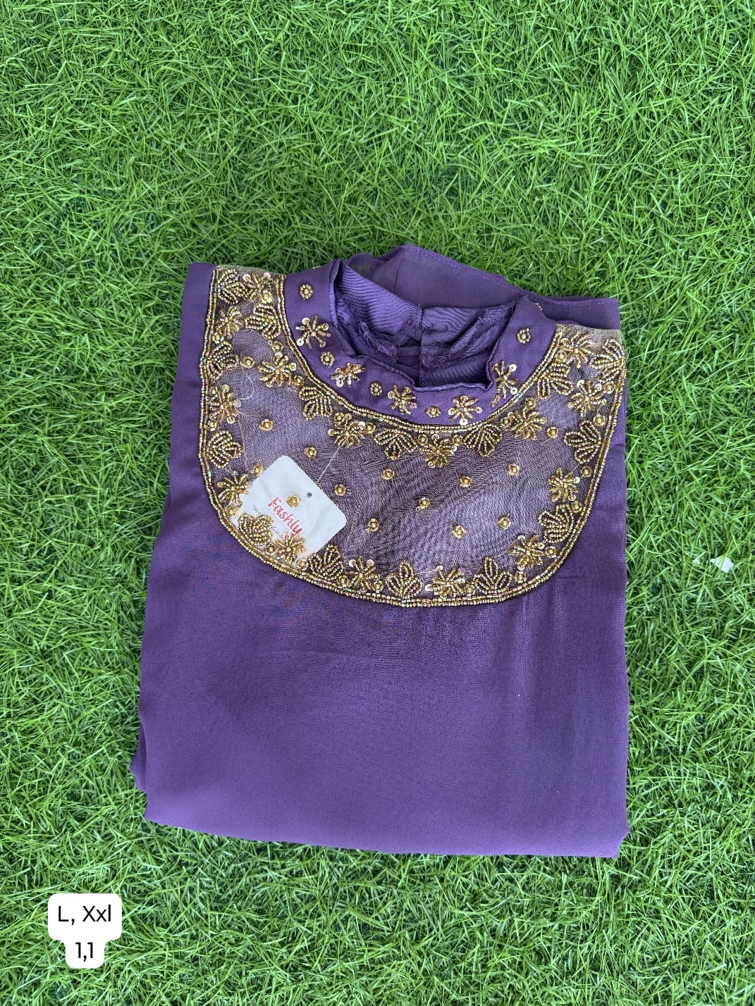 Jewel neck  Handwork Kurti with Lining ( Non Feeding only)-042