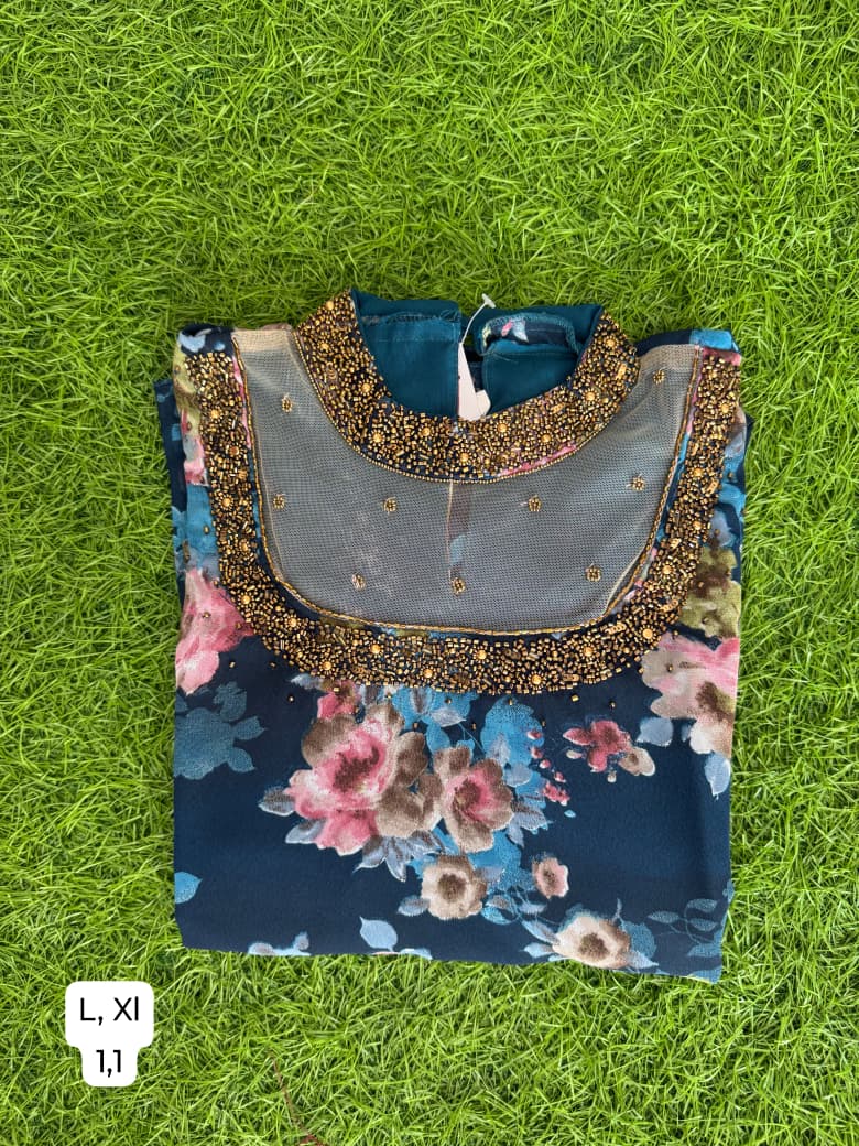 Jewel neck  Handwork Kurti with Lining ( Non Feeding only)-041