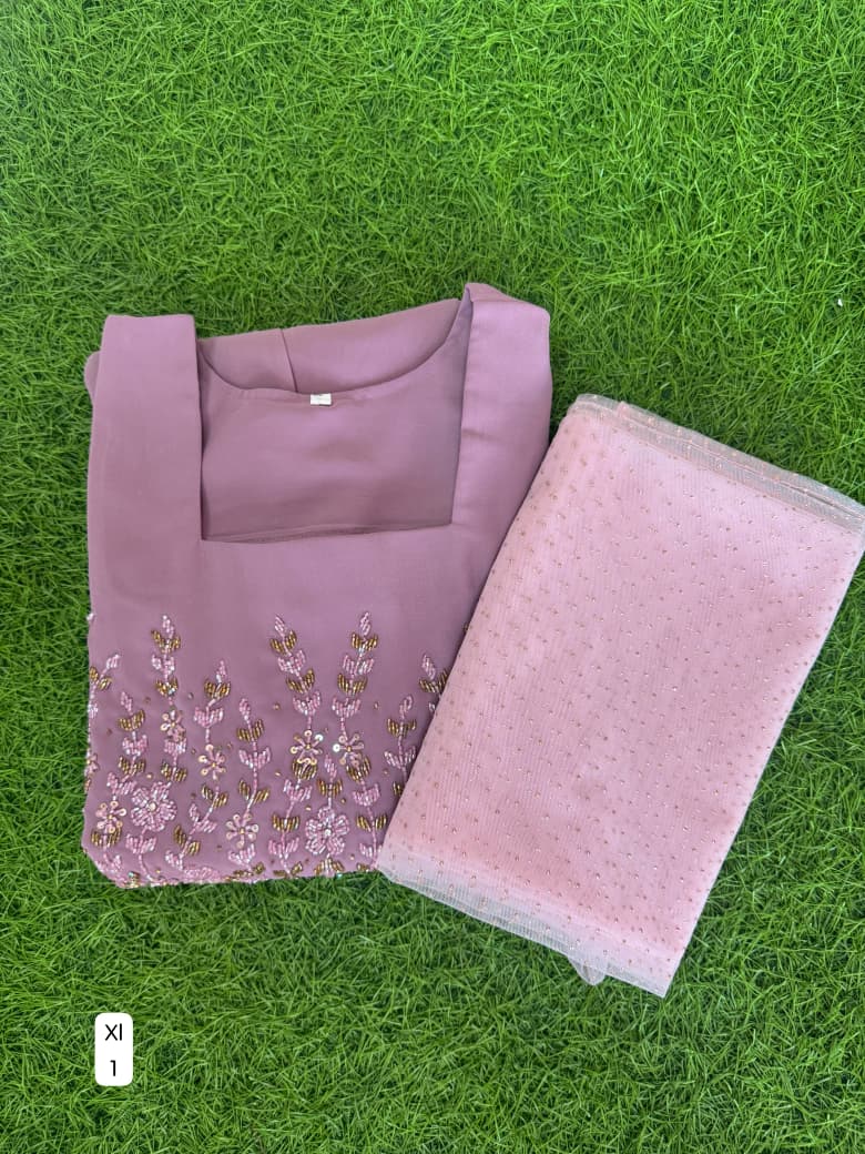 Handwork Georgette Dress with Net Duppata (with Lining) ( Non Feeding only)-039