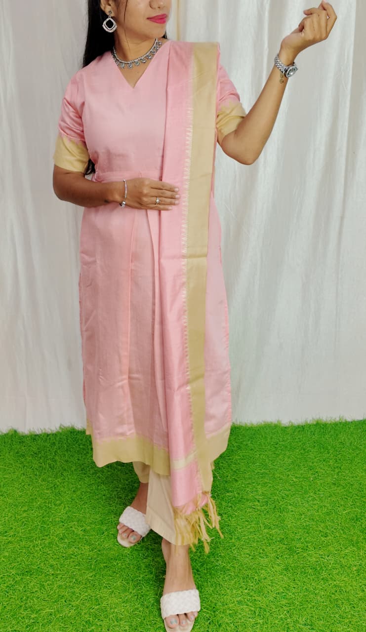 Tussar Silk Salwar Set-(Top,Bottom,Duppatta)- Chest Lining