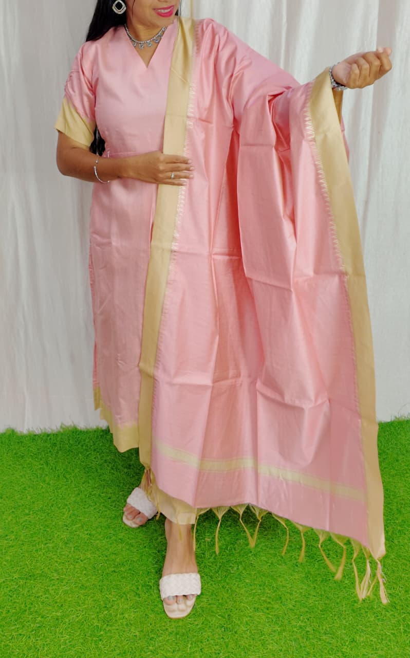 Tussar Silk Salwar Set-(Top,Bottom,Duppatta)- Chest Lining