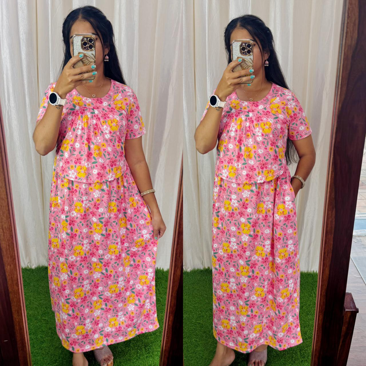 Buy 3 @1200/- FRN055 Frill Zipless maternity/feeding Loungewear Maxi Pull up Model