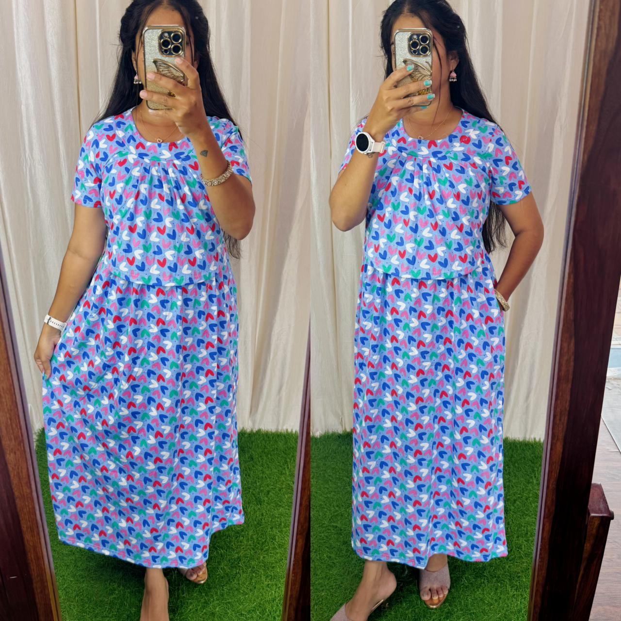 Buy 3 @1200/- FRN056 Frill Zipless maternity/feeding Loungewear Maxi Pull up Model