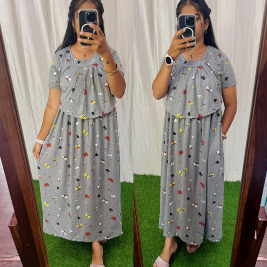 Buy 3 @1200/- FRN066 Frill Zipless maternity/feeding Loungewear Maxi Pull up Model