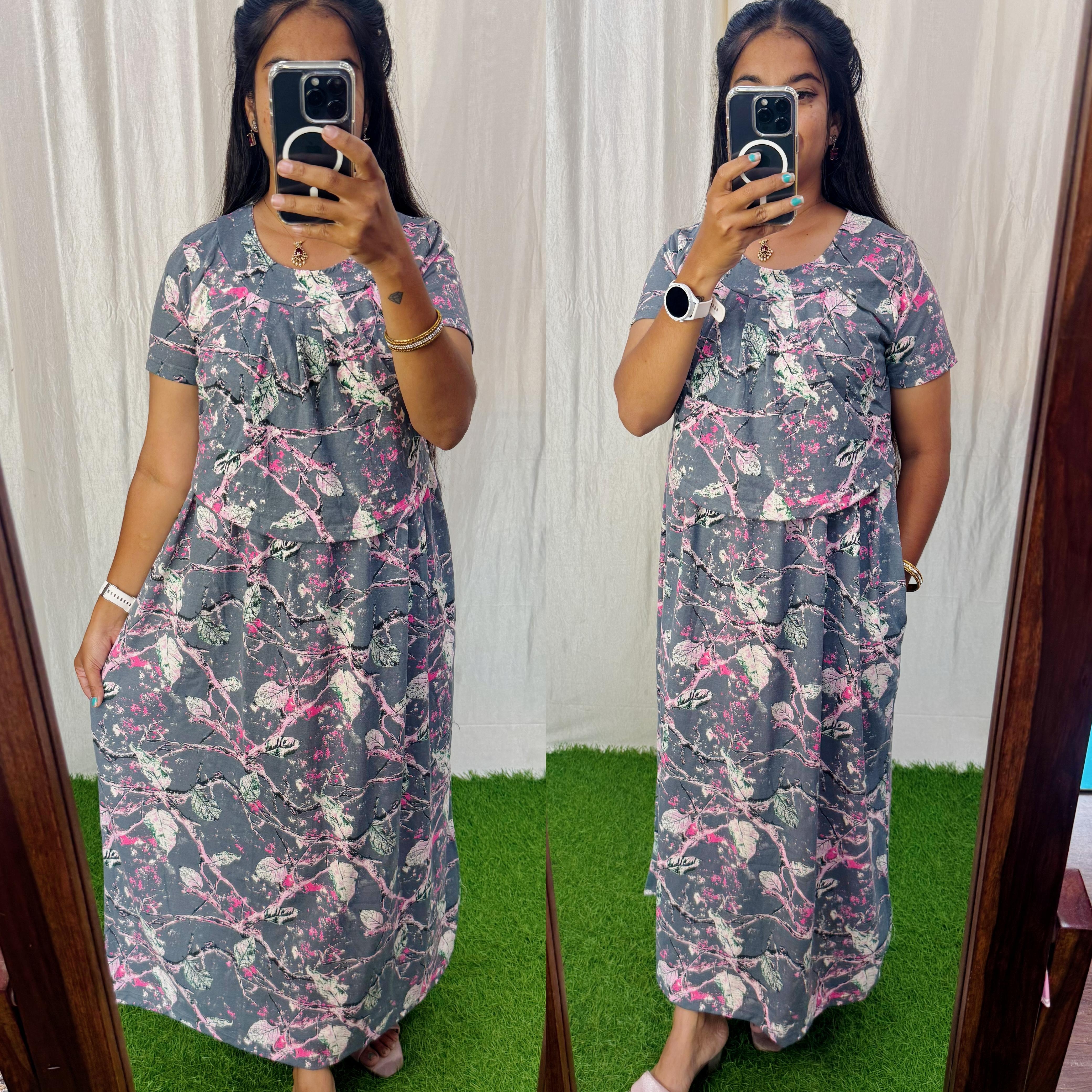 Buy 3 @1200/- FRN060 Frill Zipless maternity/feeding Loungewear Maxi Pull up Model