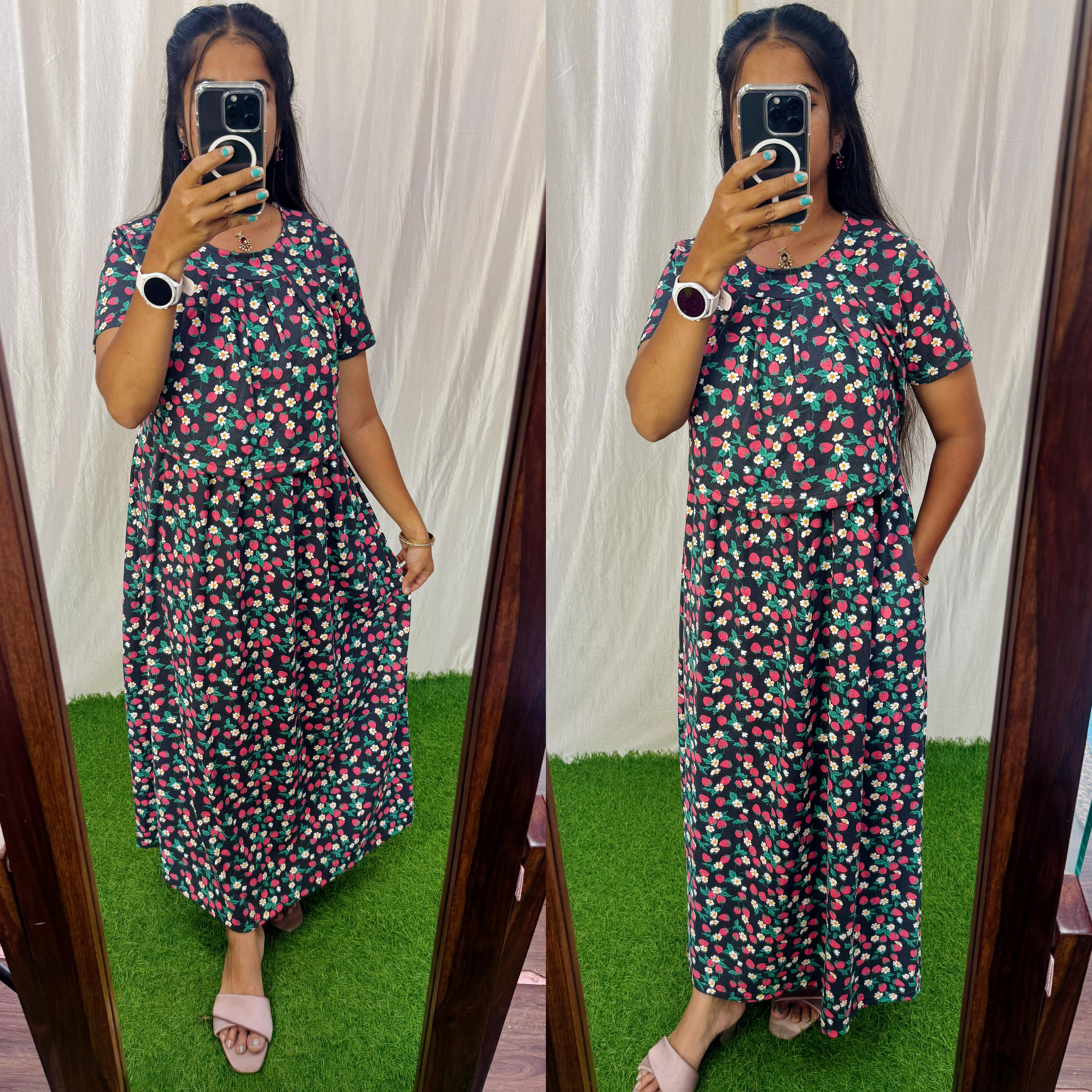 Buy 3 @1200/- FRN063 Frill Zipless maternity/feeding Loungewear Maxi Pull up Model