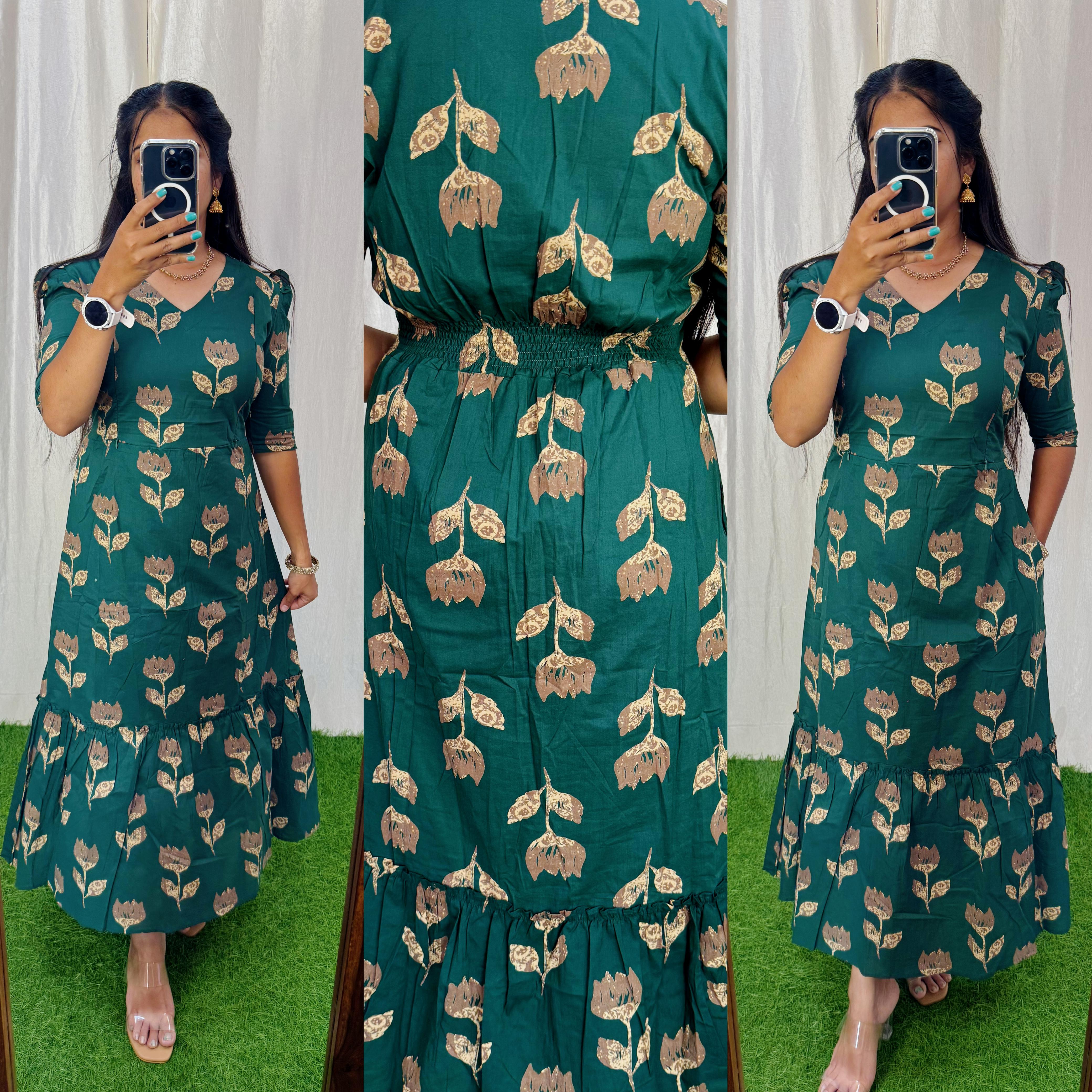 Premium Cotton Printed Aline Dress with Cotton lining (Back Elastic)