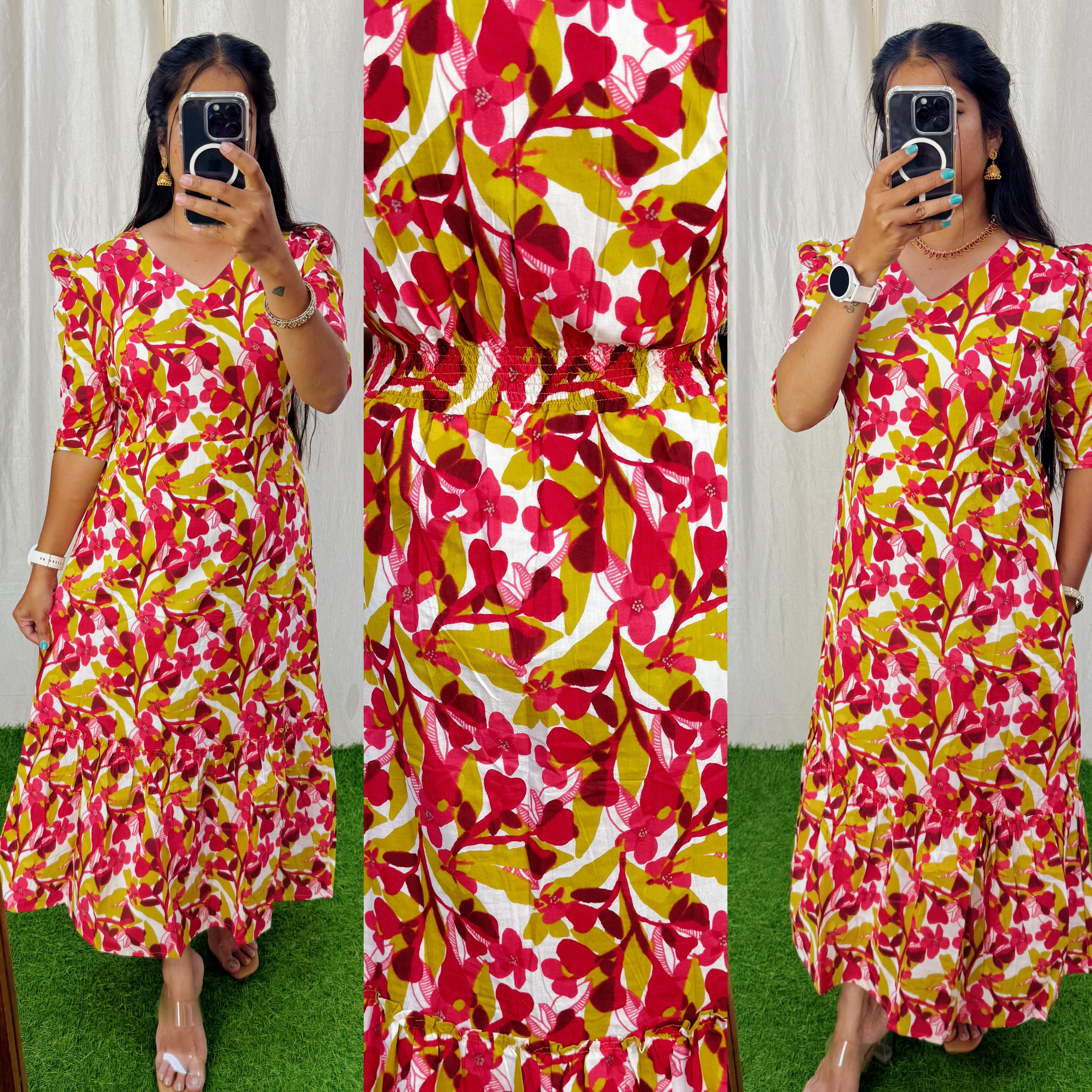 Premium Cotton Printed Aline Dress with Cotton lining (Back Elastic)