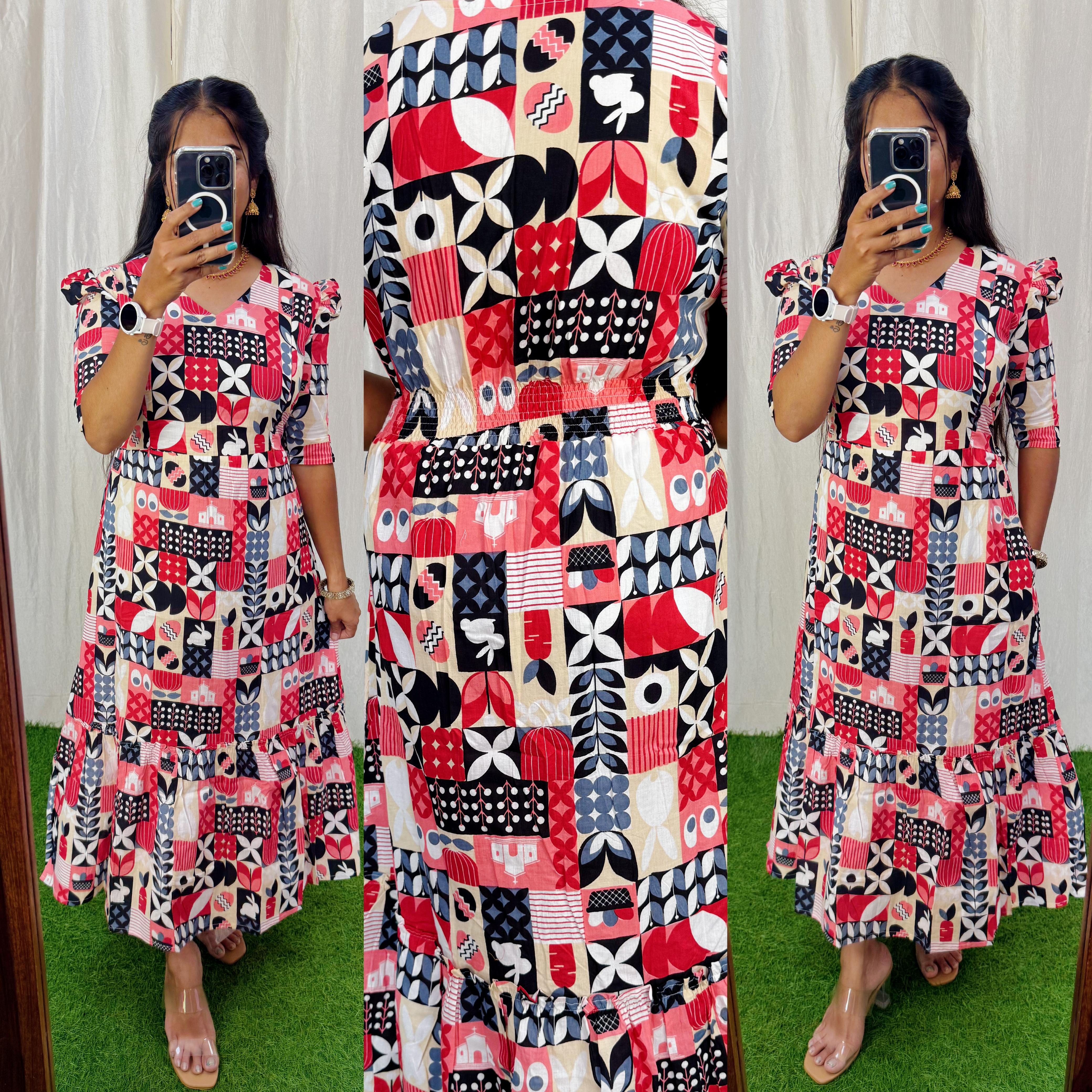 Premium Cotton Printed Aline Dress with Cotton lining (Back Elastic)