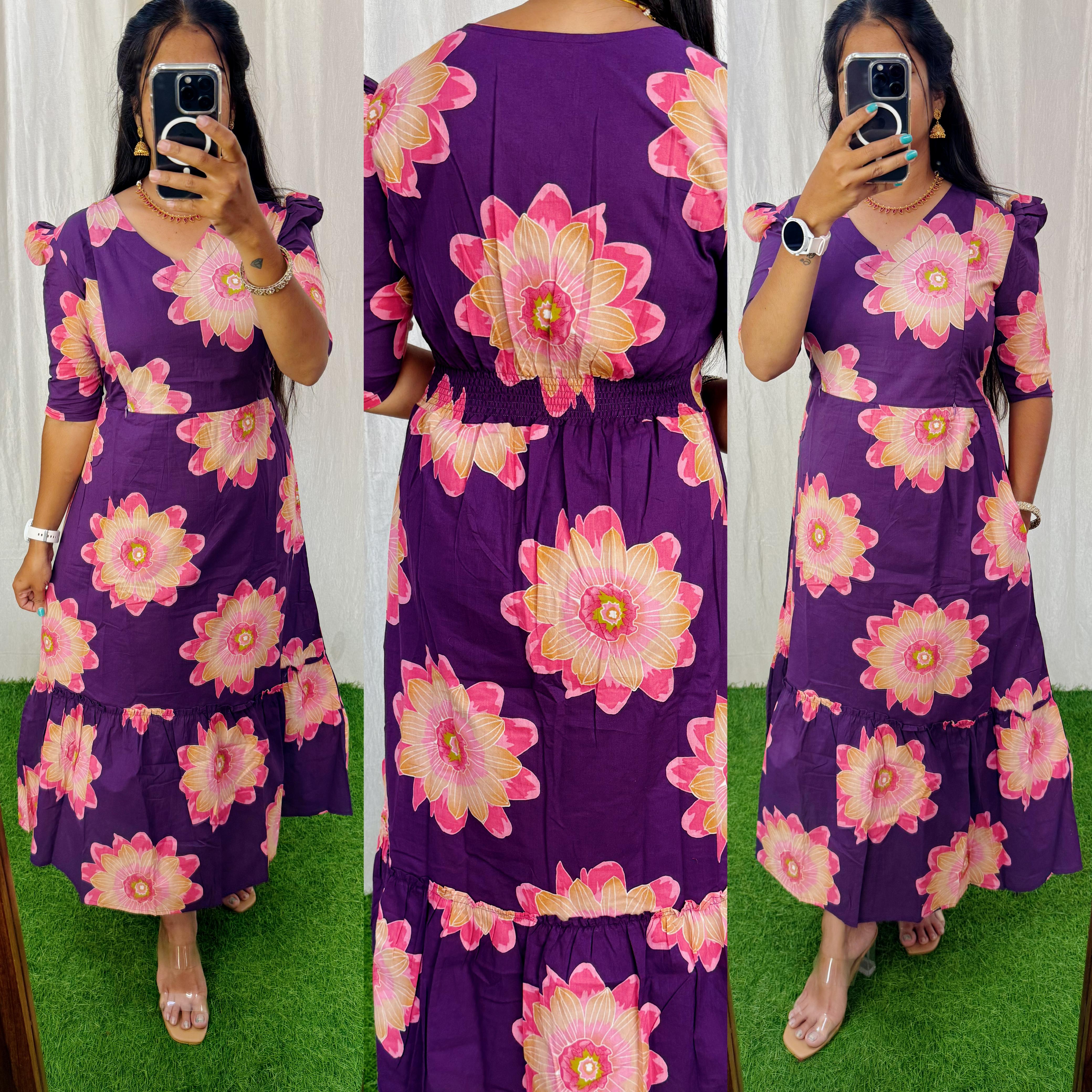 Premium Cotton Printed Aline Dress with Cotton lining (Back Elastic)