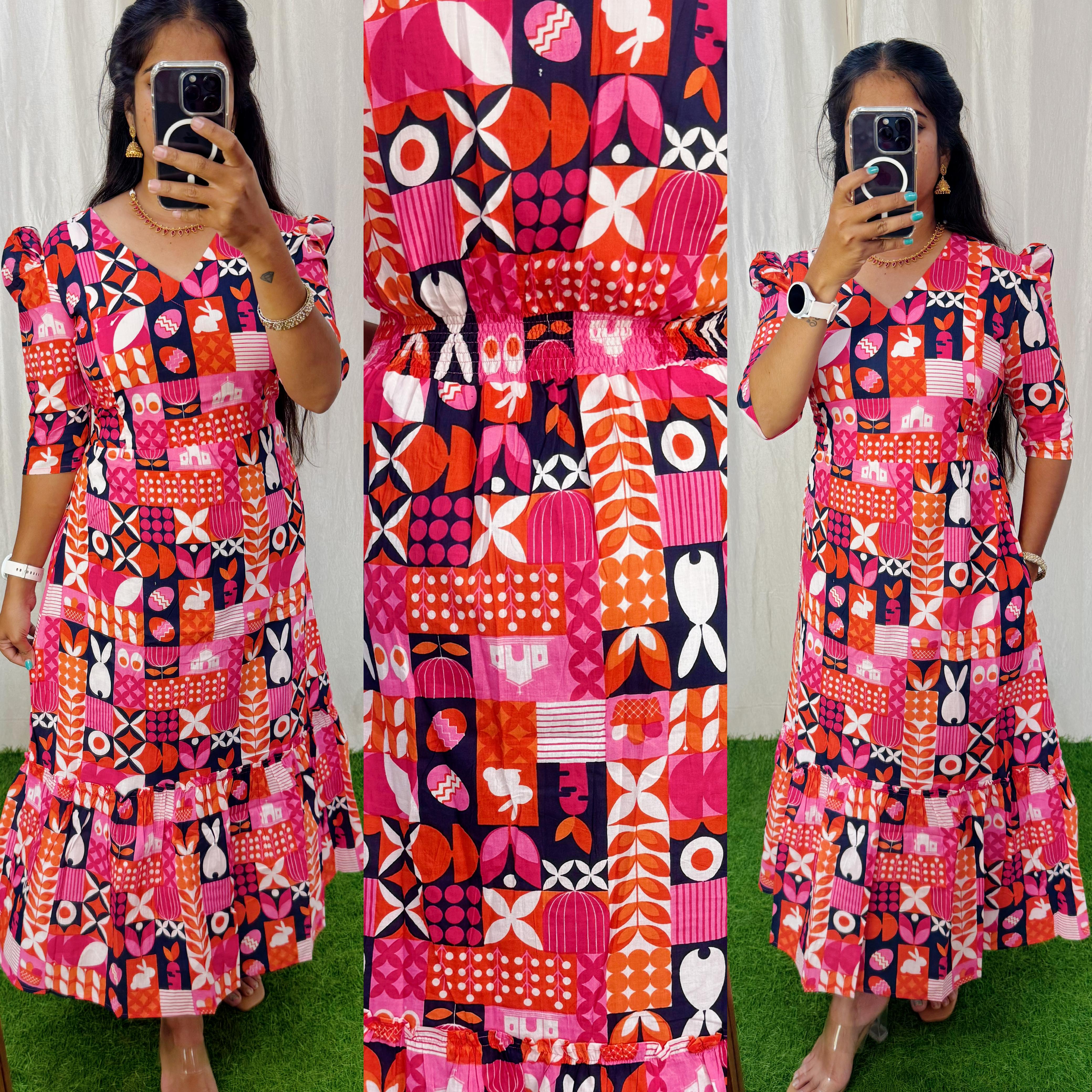 Premium Cotton Printed Aline Dress with Cotton lining (Back Elastic)