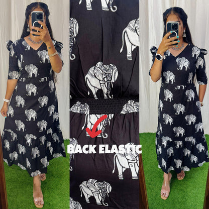 Premium Cotton Printed Aline Dress with Cotton lining (Back Elastic)FC0032